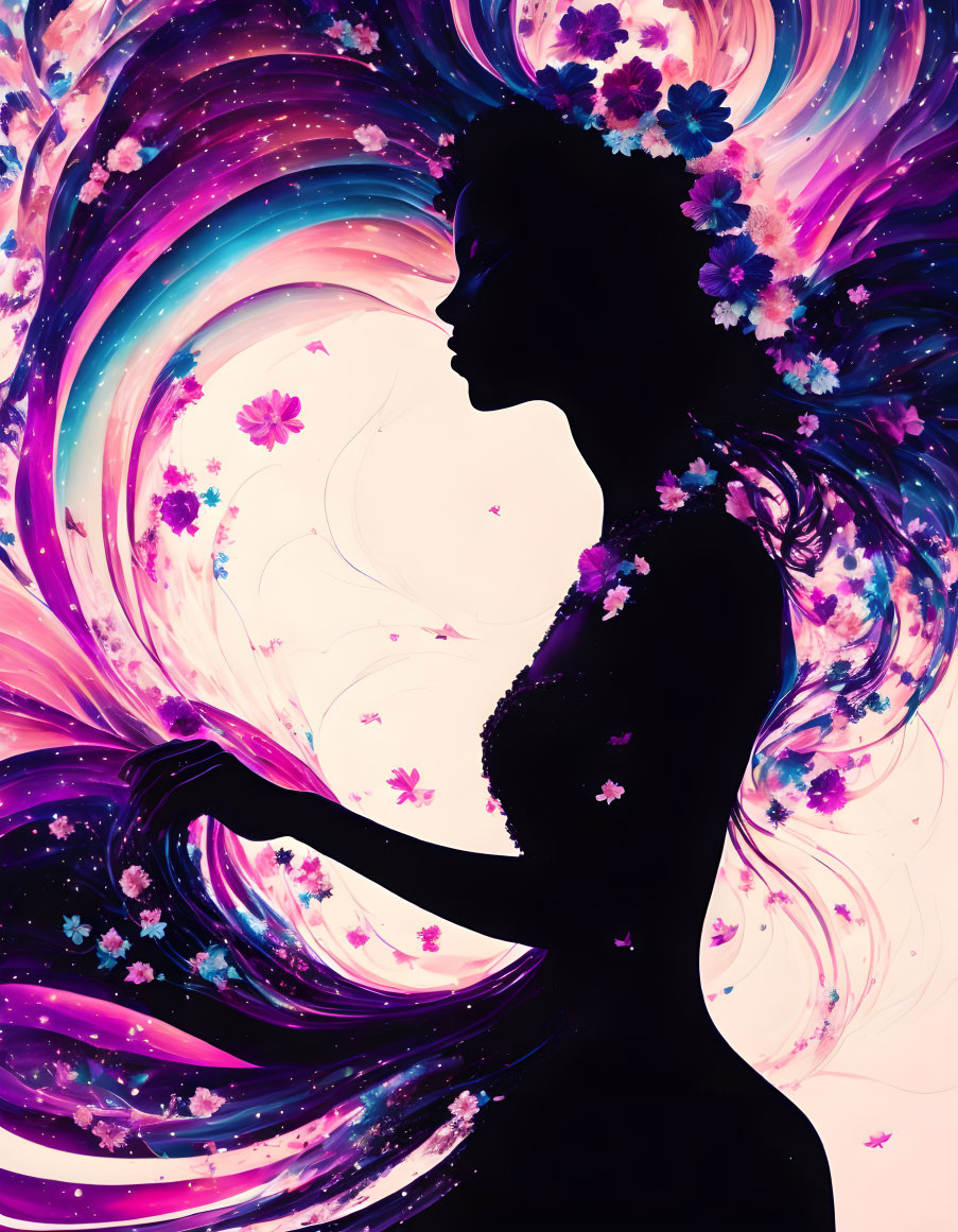 Vibrant female silhouette with swirling hair and floral dress on cosmic background