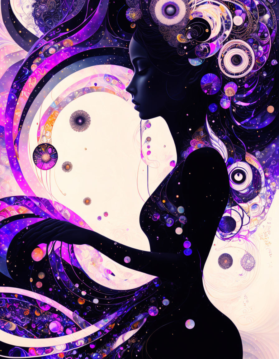 Colorful digital artwork: Woman in cosmic swirls.