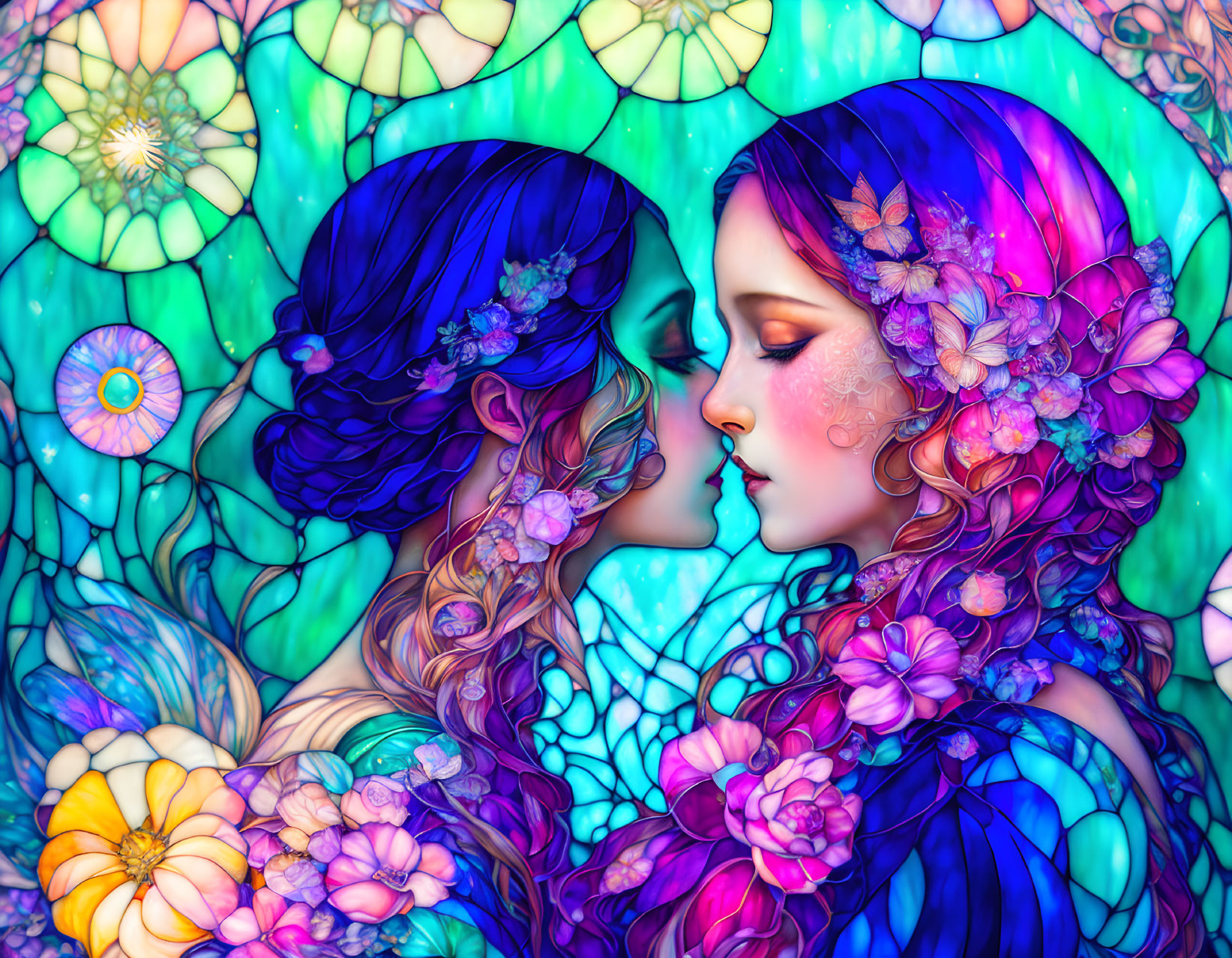 Stylized female figures with floral hair against colorful stained-glass backdrop