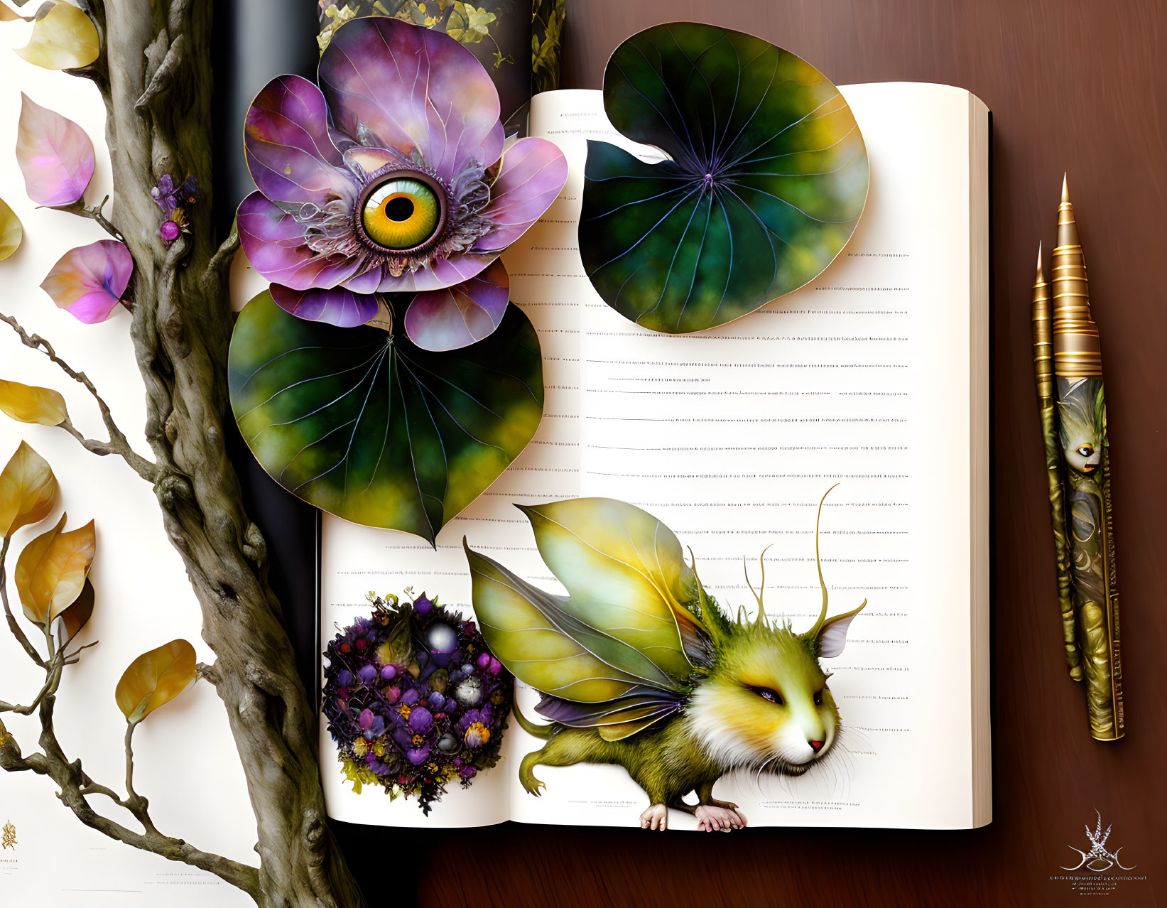 Illustrated open book with nature elements and mythical creature.