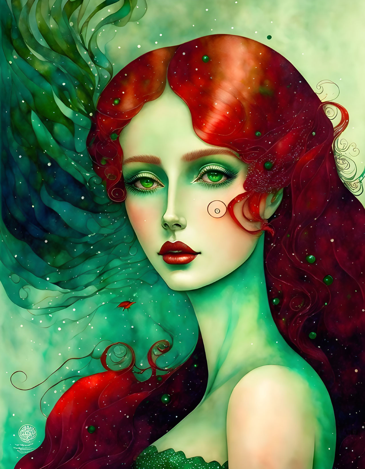 Digital art: Woman with red hair, green skin, fantasy elements, underwater vibe