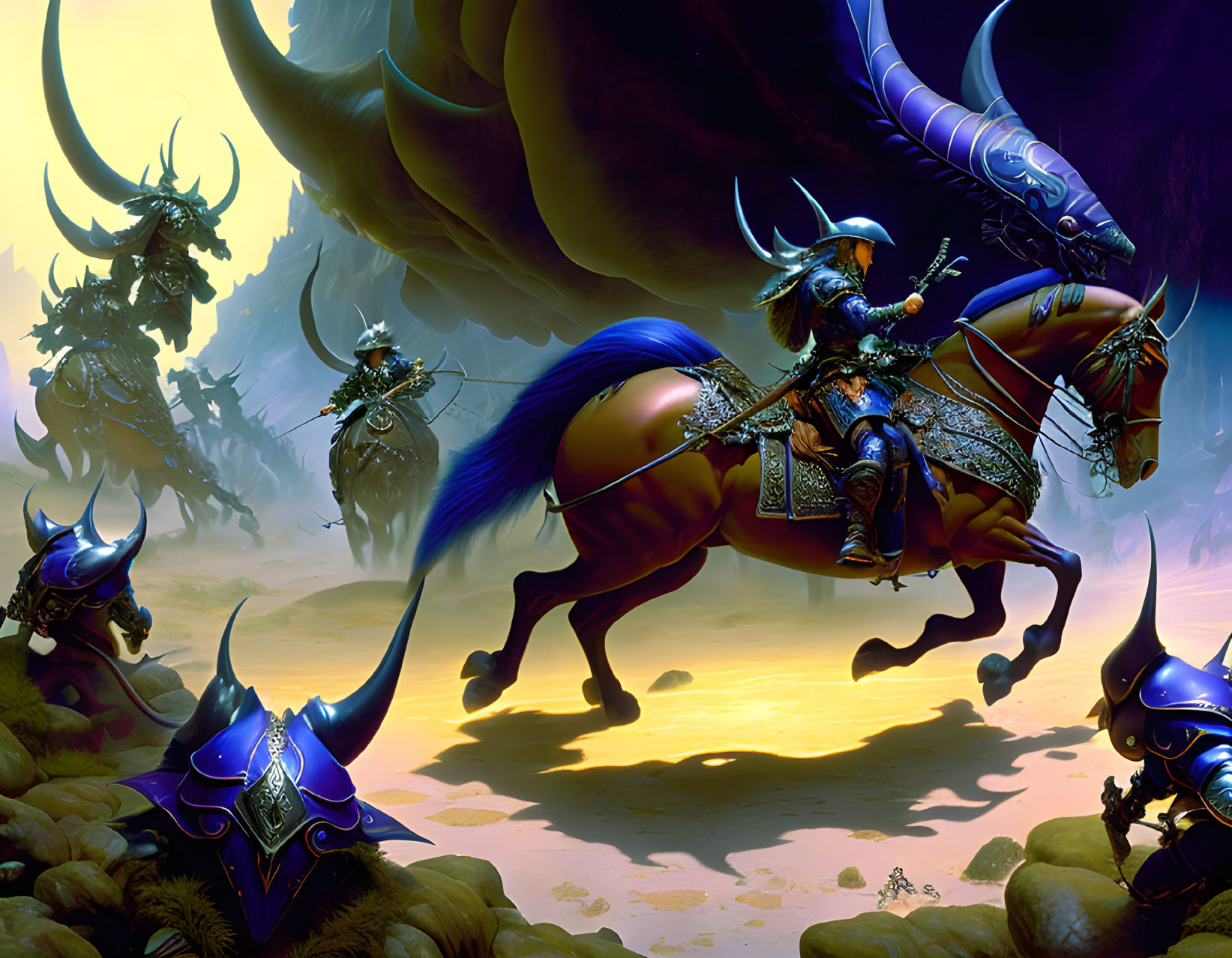 Armored warriors on horseback with flag, surrounded by rhinoceros-like creatures in mystical desert