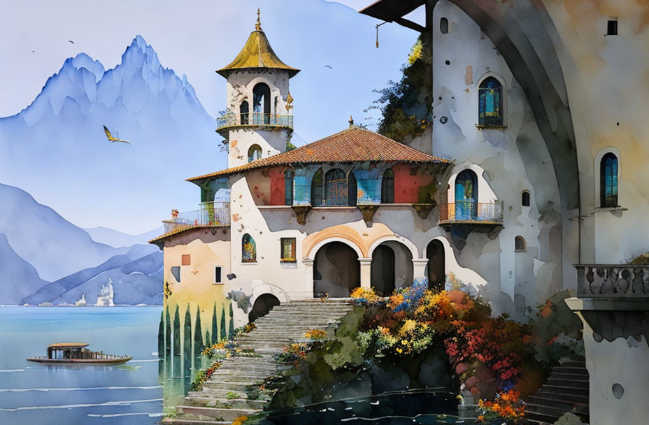 Mediterranean Villa Watercolor: Lake, Mountains & Flowers