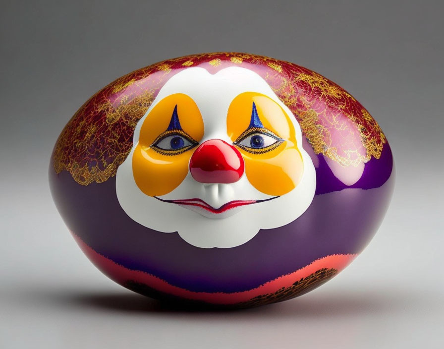 Colorful Clown-Faced Egg-Shaped Object with Purple Base and Intricate Red & Gold Patterns