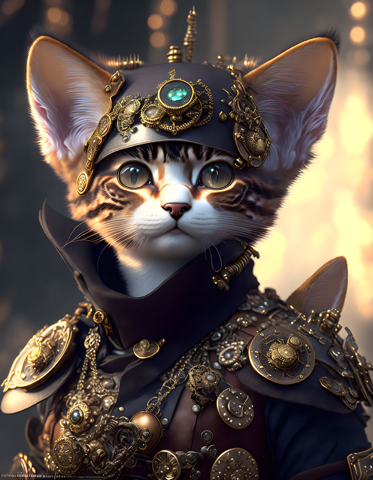 Fantasy digital art: Cat with human-like eyes in intricate armor