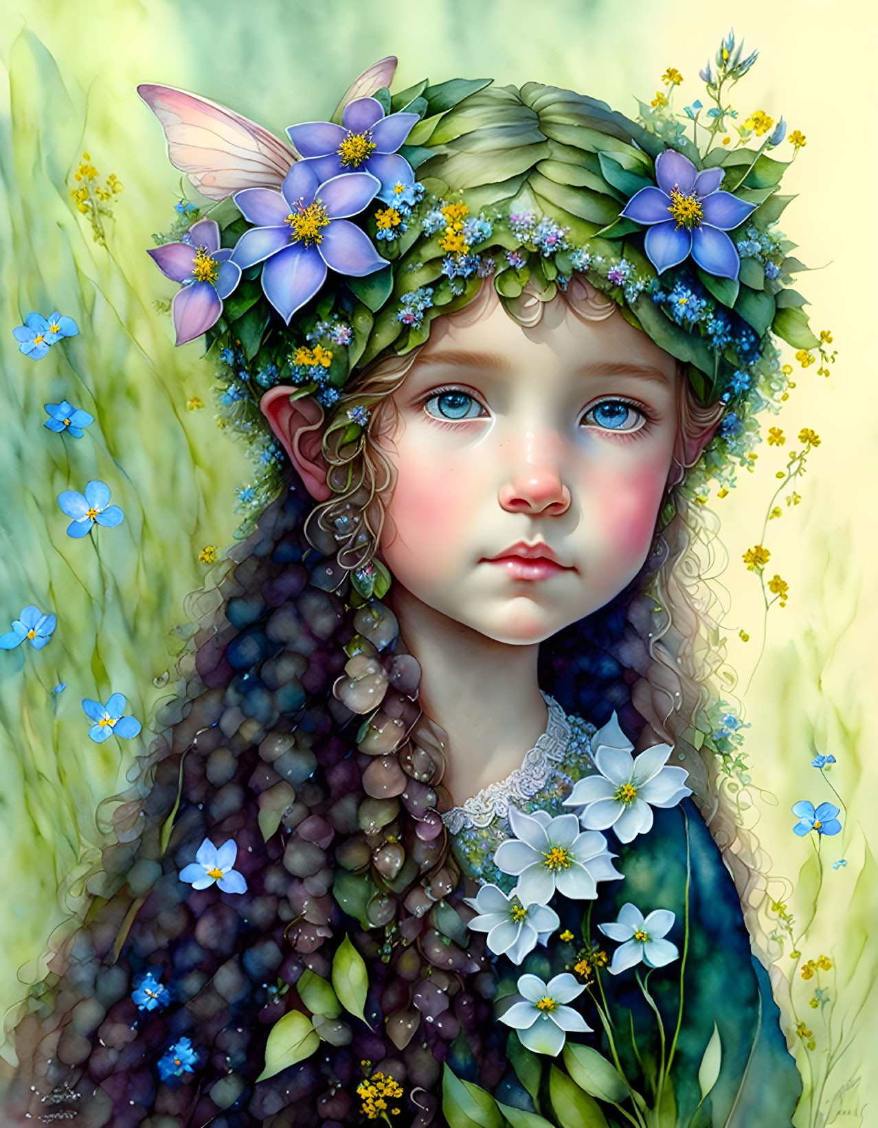 Fantasy creature illustration with floral crown and wildflowers