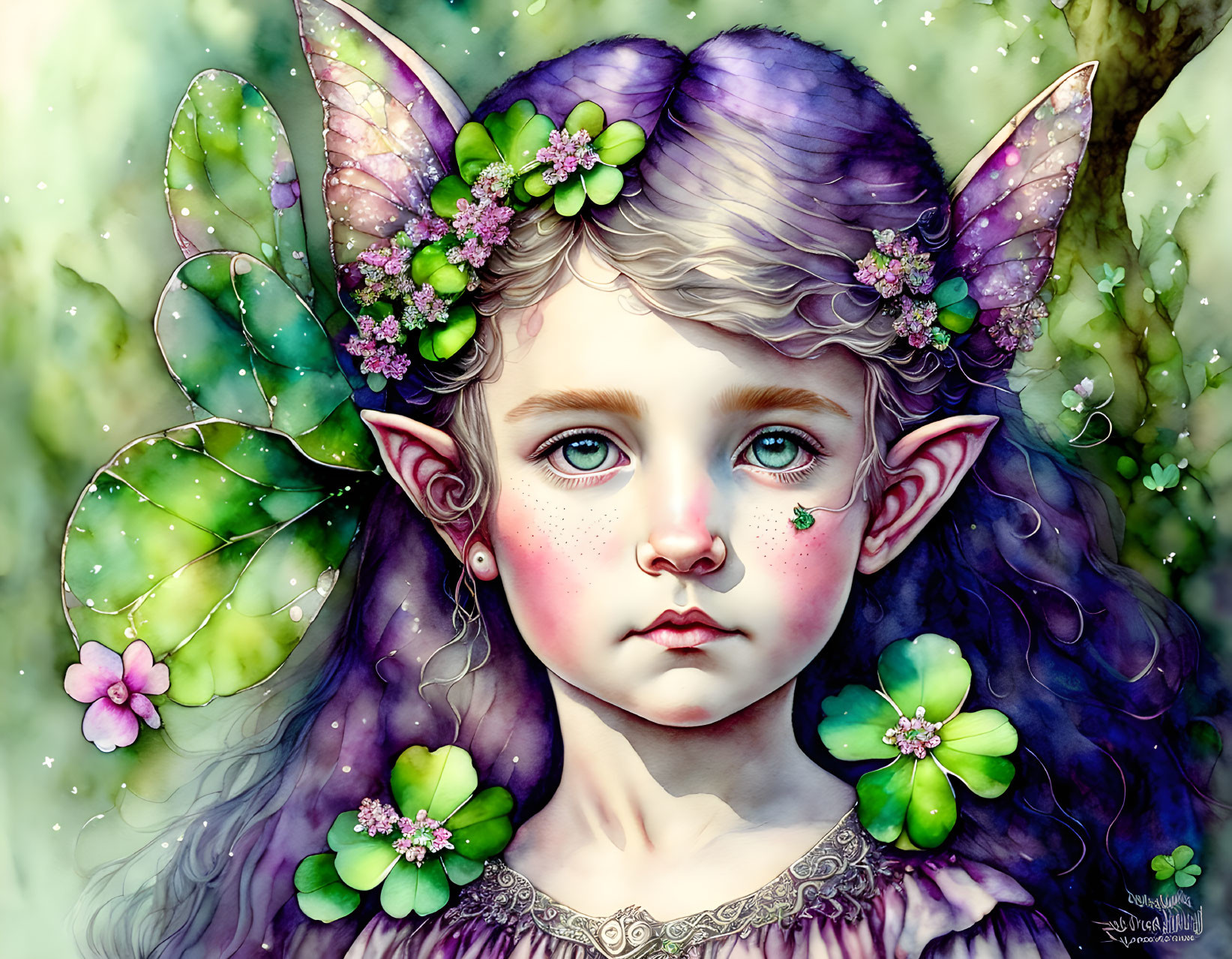 Whimsical fairy child with pointy ears, purple hair, and butterfly wings