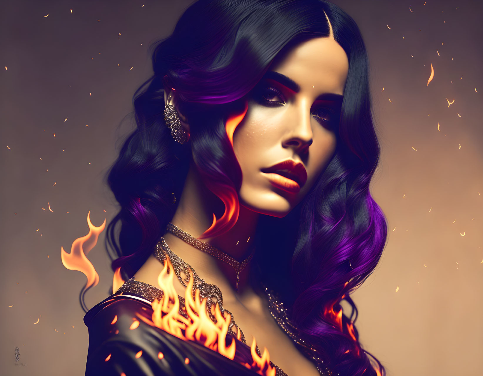 Fantasy digital art: Woman with purple hair, fire elements, and glowing embers