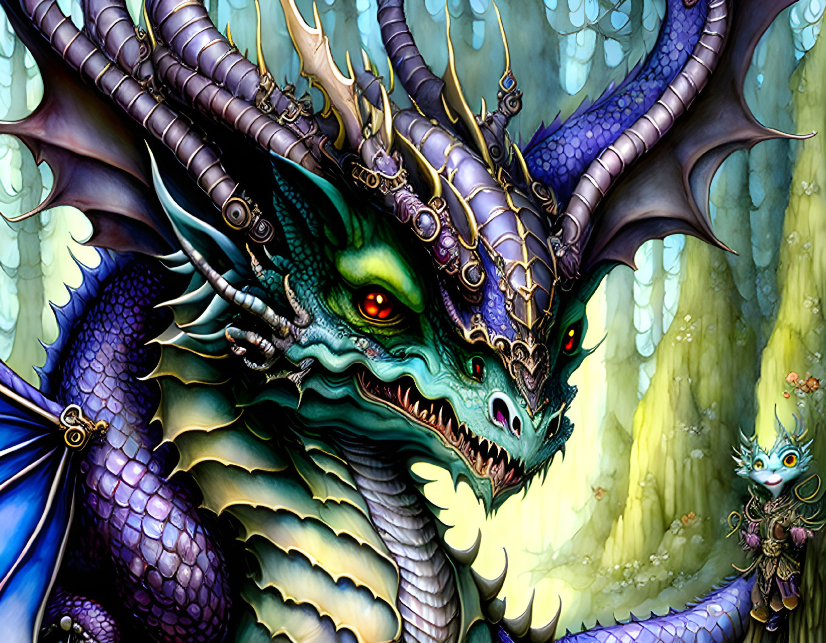 Majestic purple dragon with green eyes in fantasy forest