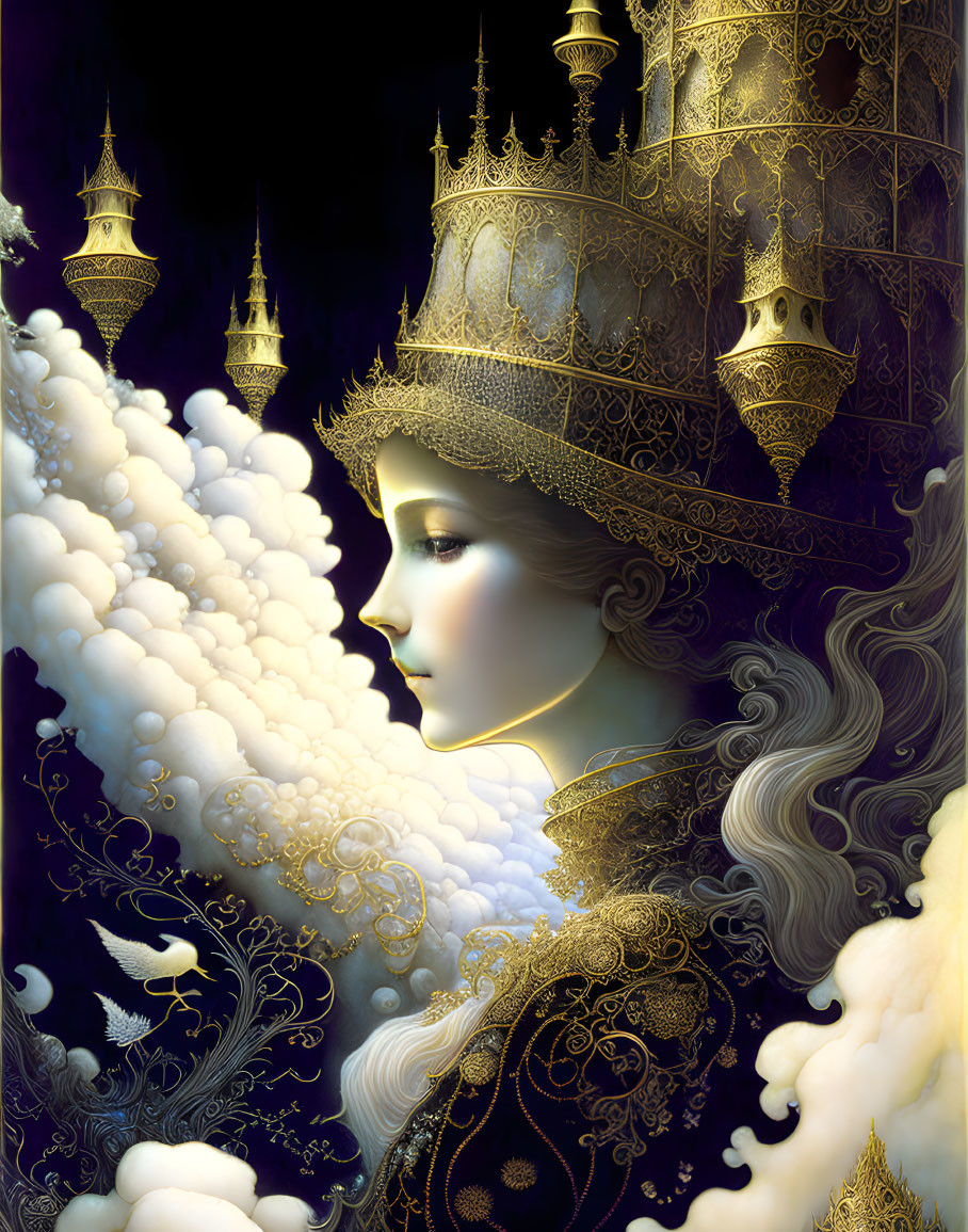 Illustrated woman with golden crown in fantastical setting