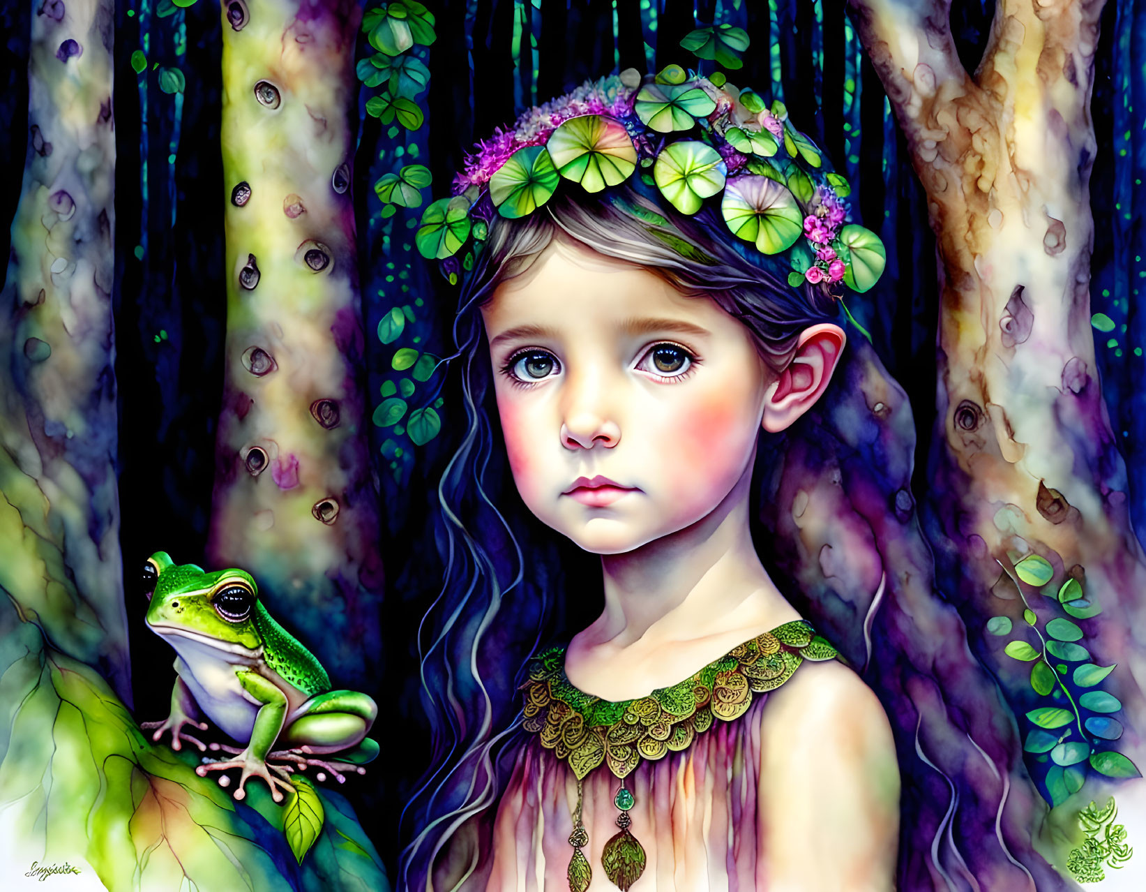 Fantasy illustration of young girl with floral crown and frog in enchanted forest