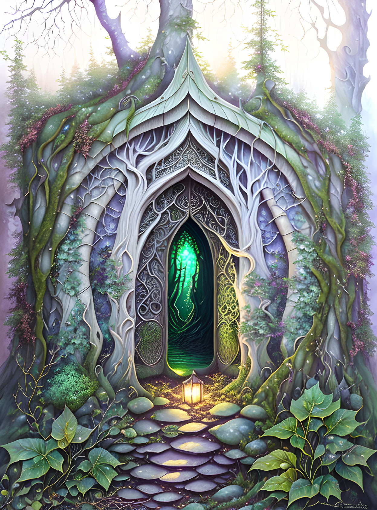 Intricate forest doorway engulfed in vines and greenery with a glowing lantern