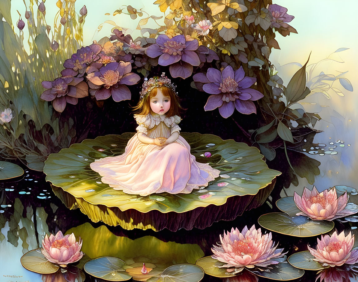 Young girl with floral crown on green lily pad surrounded by blooming water lilies