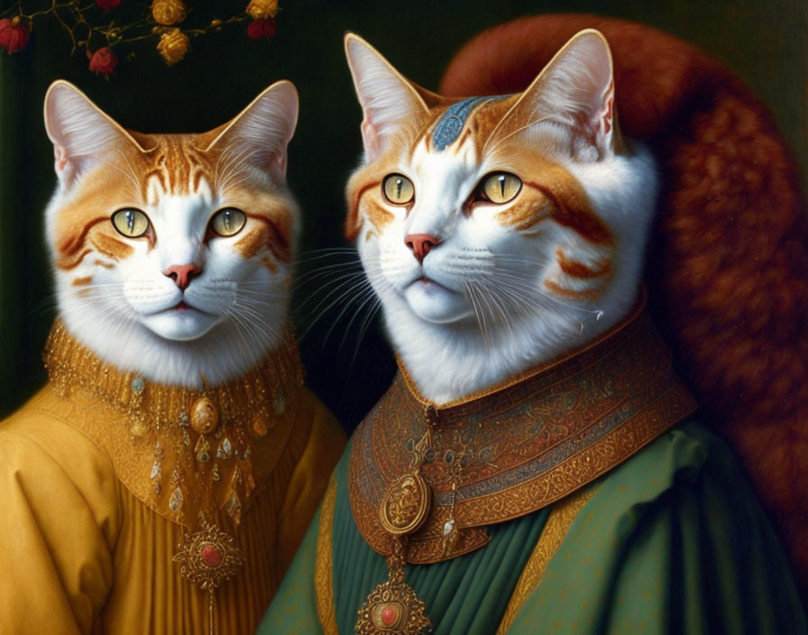 Two regal cats in ornate attire against dark backdrop