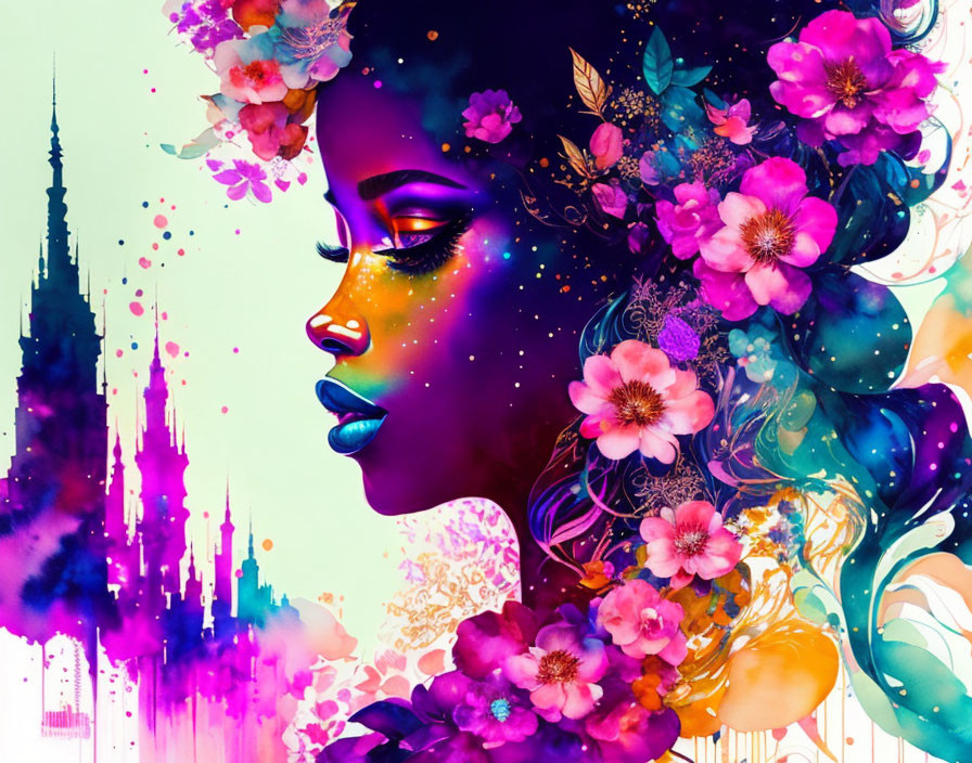 Colorful digital artwork of woman with purple skin and floral hair against pastel cityscape