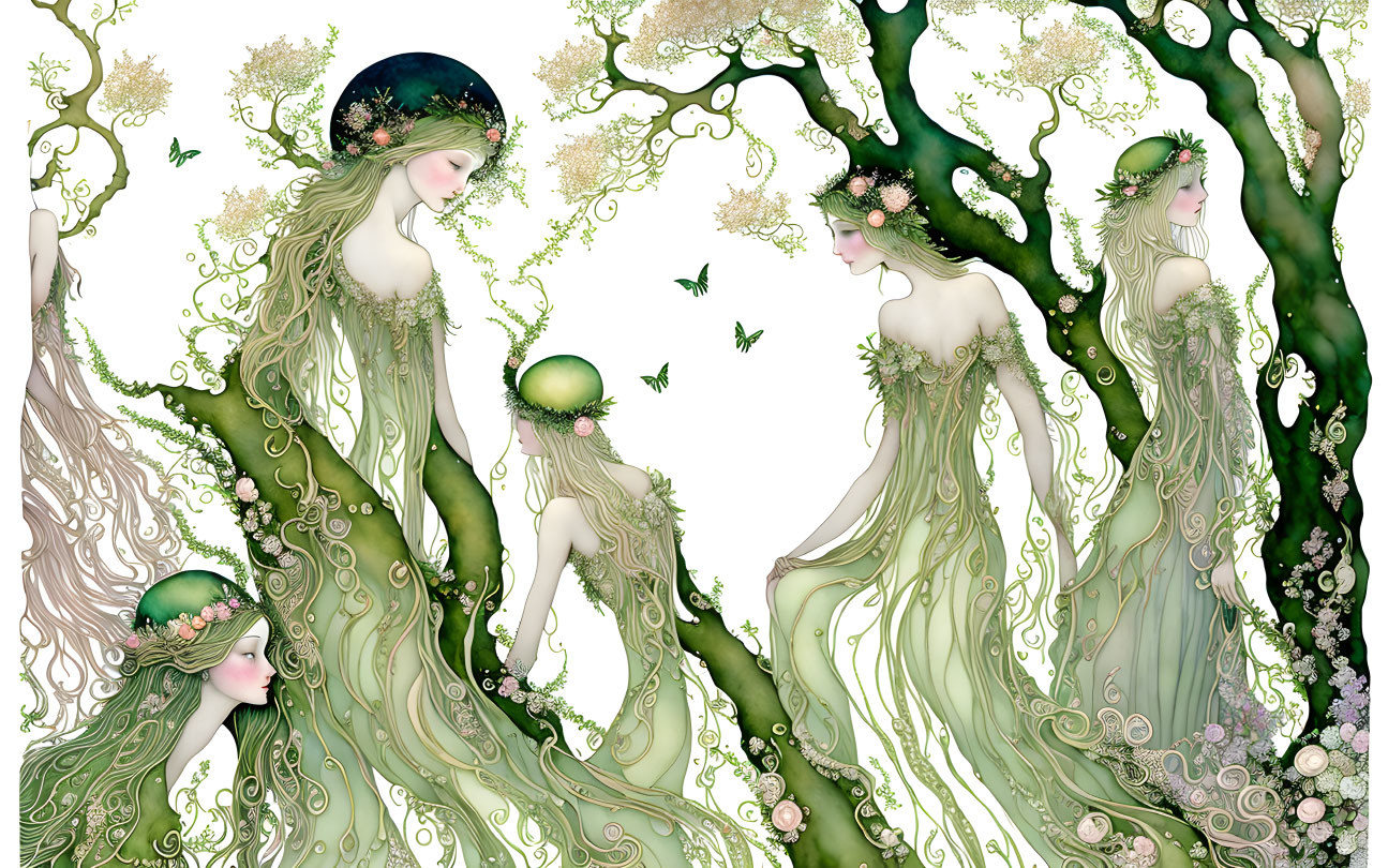 Ethereal women in green dresses merging with nature-inspired forms.