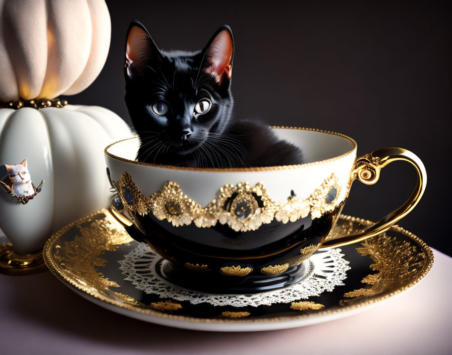 Black Kitten in Golden-Trimmed Teacup with White Pumpkin