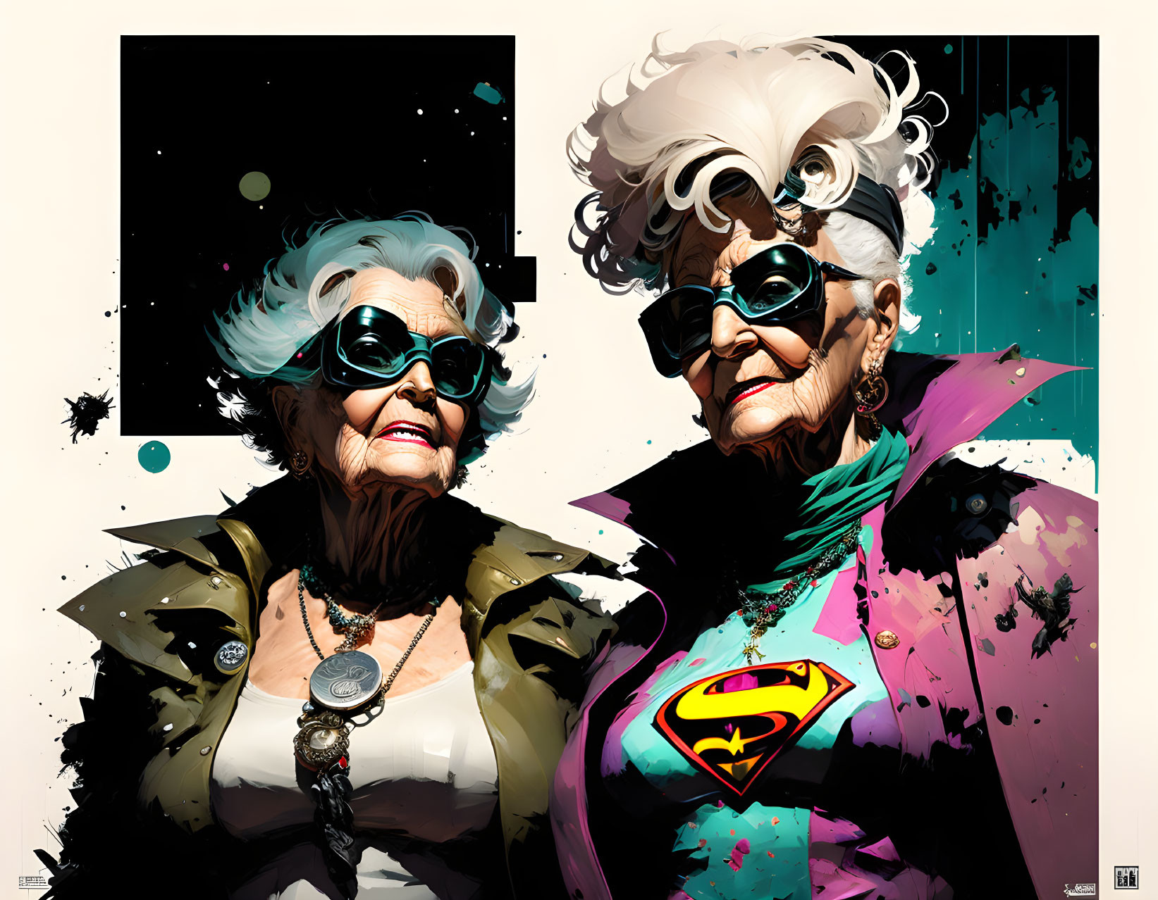 Elderly women with exaggerated hairstyles in comic book style