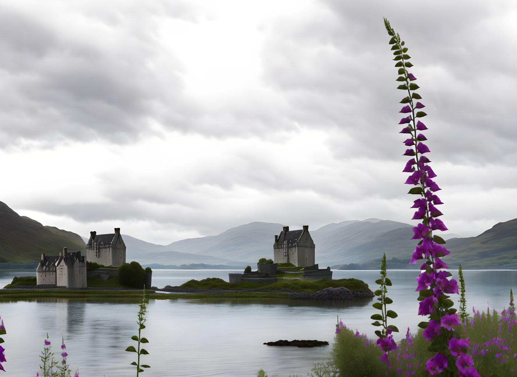 Tranquil lake scene with castle, hills, cloudy sky, and blooming foxglove