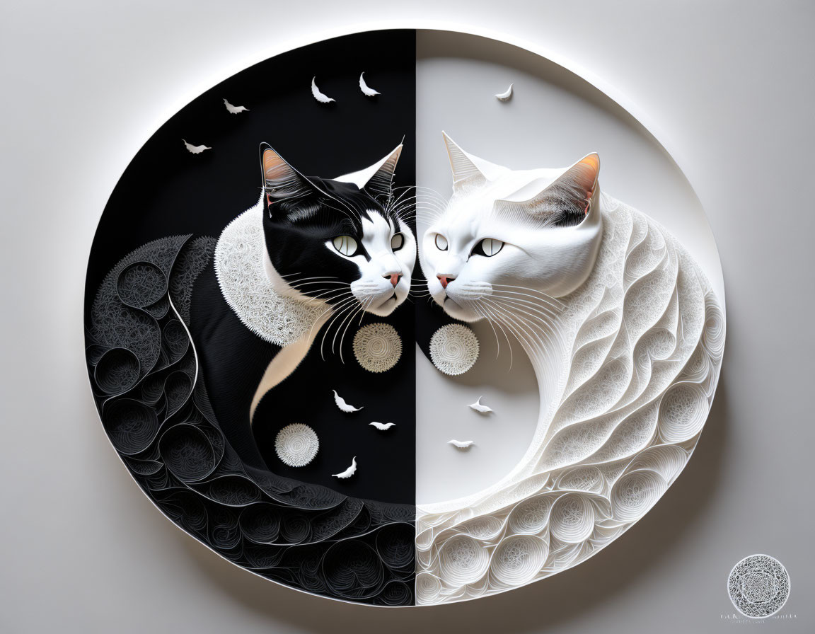 Paper art yin-yang symbol with black and white cats in intricate design.