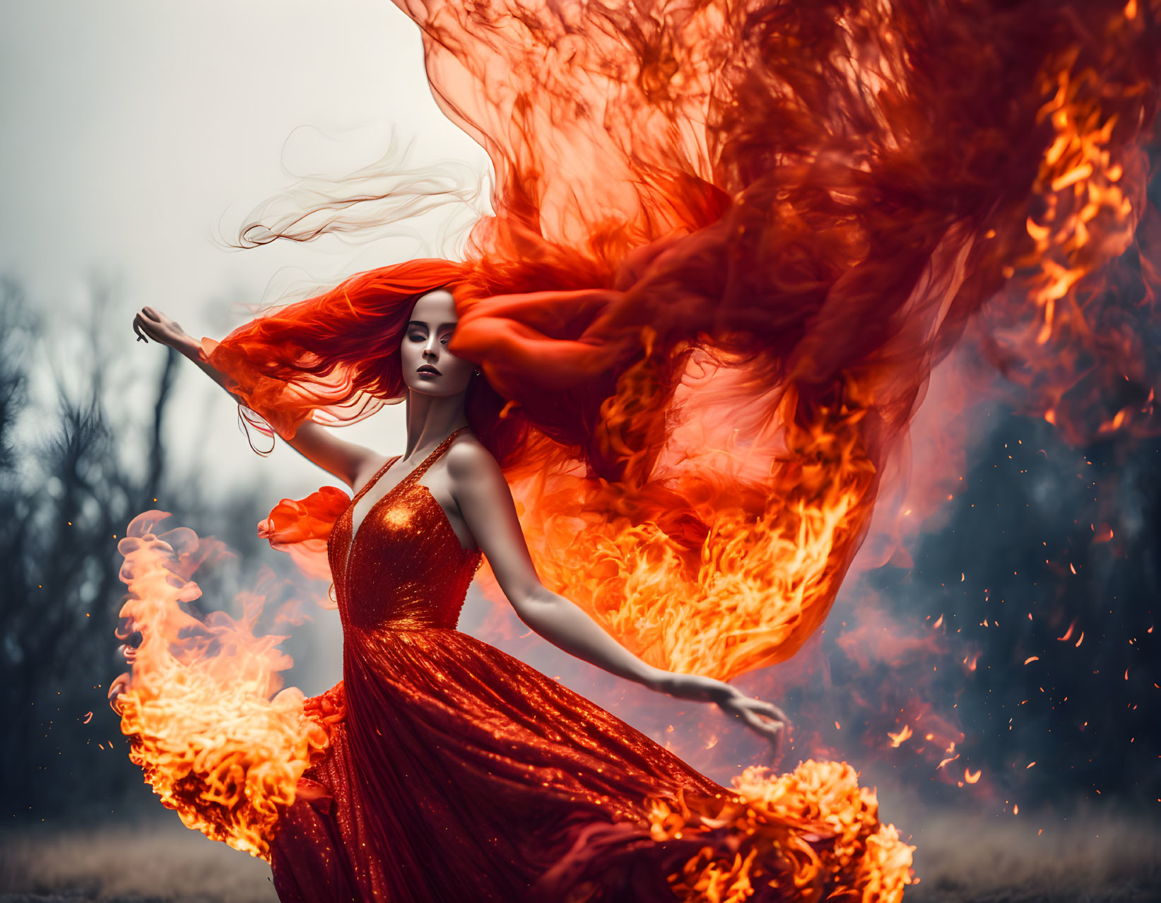 Fiery Red-Haired Woman in Flame-Like Dress on Smoky Background