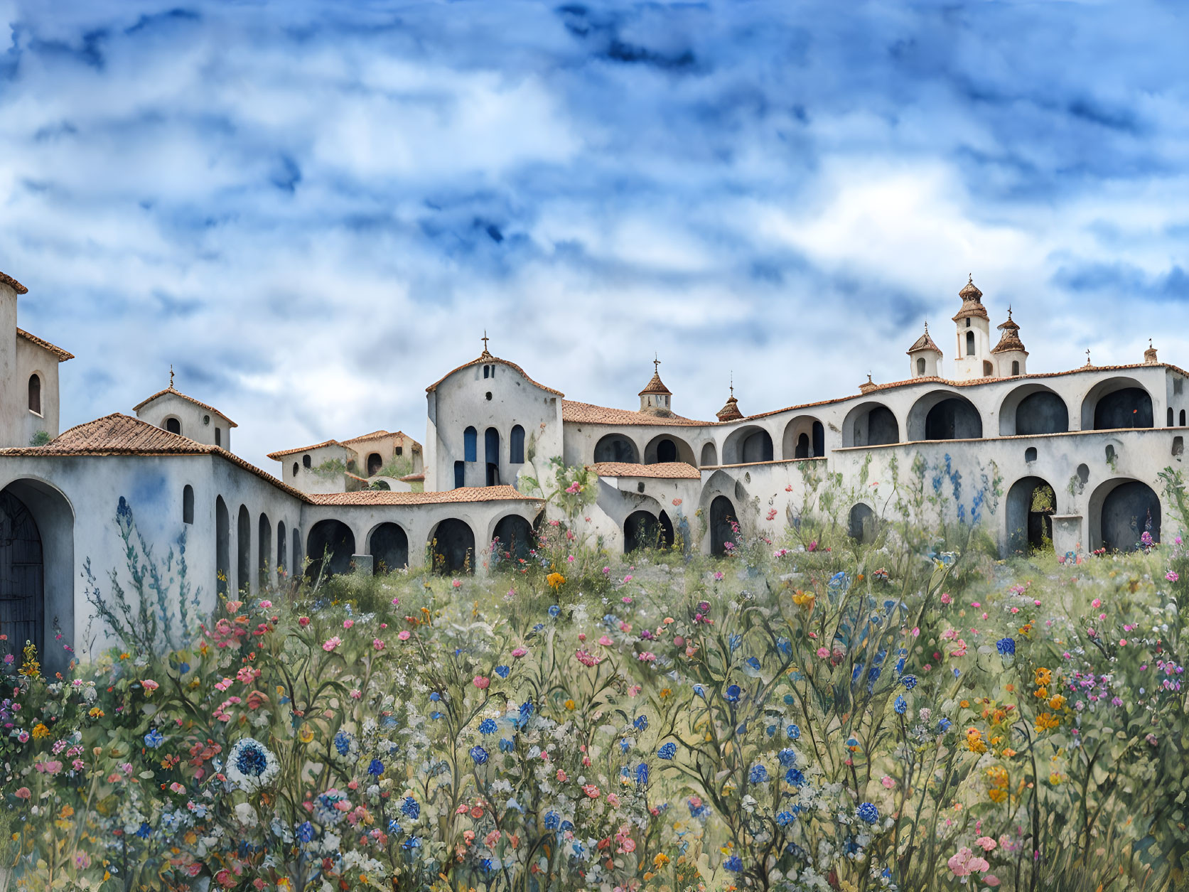 Spanish-style architecture with arched doorways and flower-covered meadow under blue sky