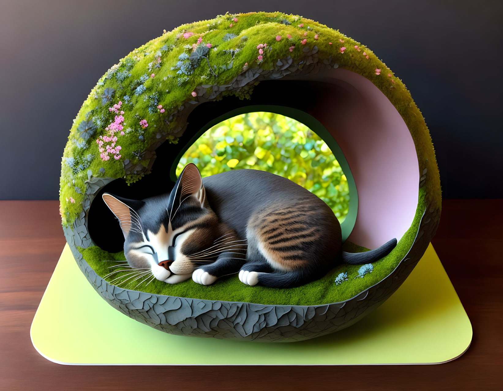 Cat sleeping in mossy doughnut structure on colorful surface