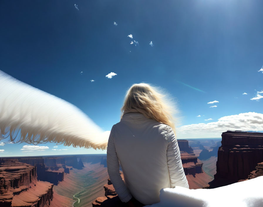 Blonde person with white wings admiring vast canyon under blue sky