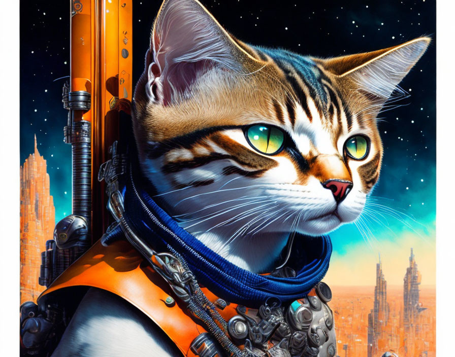 Anthropomorphic cat in sci-fi space suit with orange rifle against cityscape