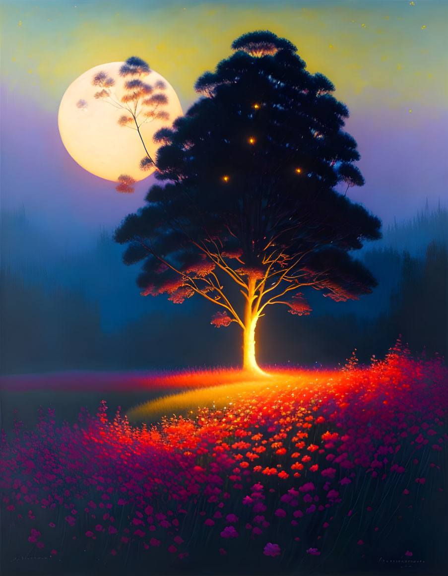 Colorful painting: Glowing tree, large moon, red flowers, twilight sky