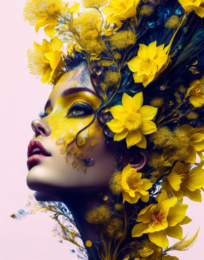 Profile portrait of woman with vibrant yellow flowers and foliage in hair against light background