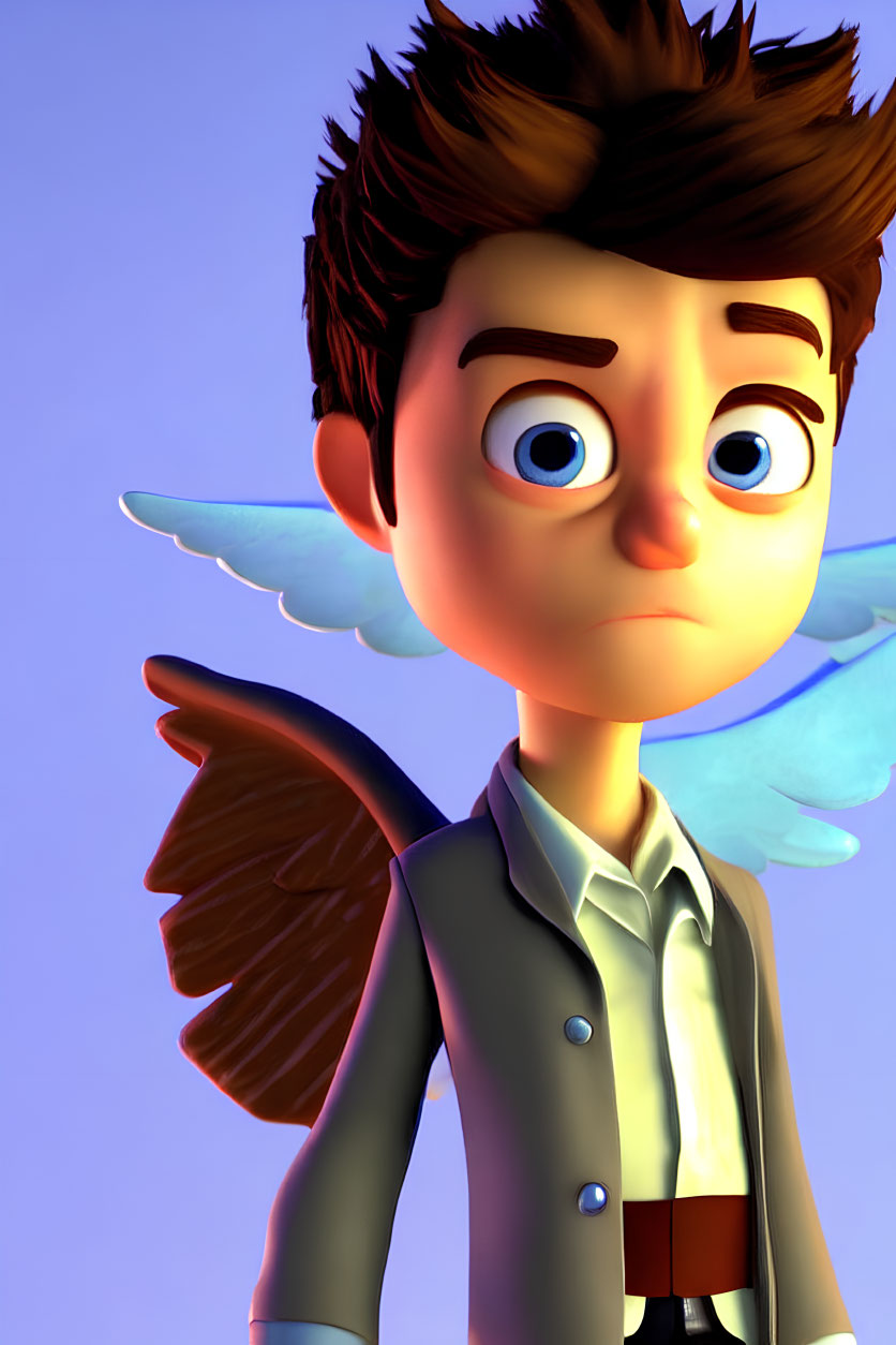 Spiky hair, blue wings, gray jacket, red belt character in 3D animation