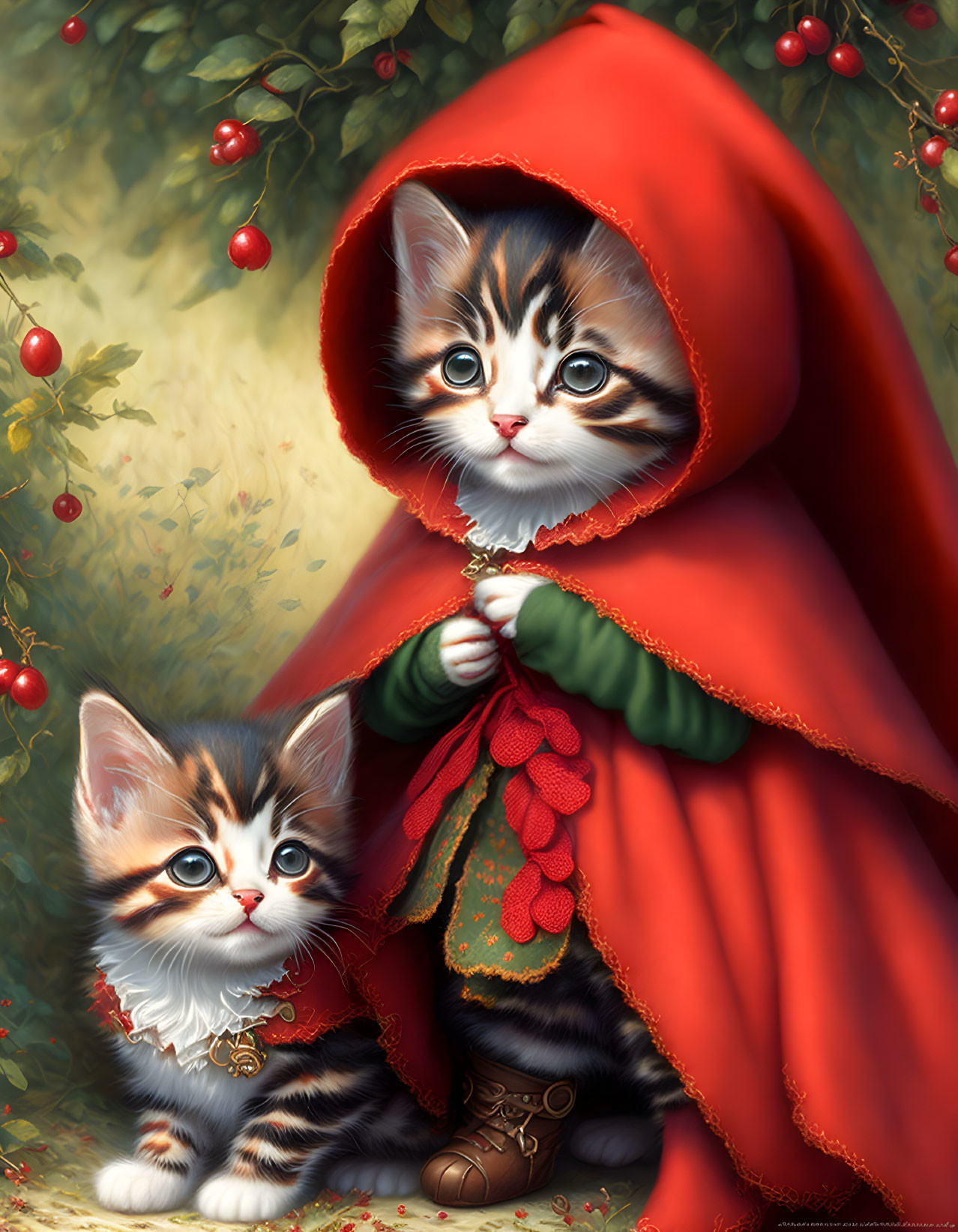 Two cute kittens in fairy tale costumes near berry bush.