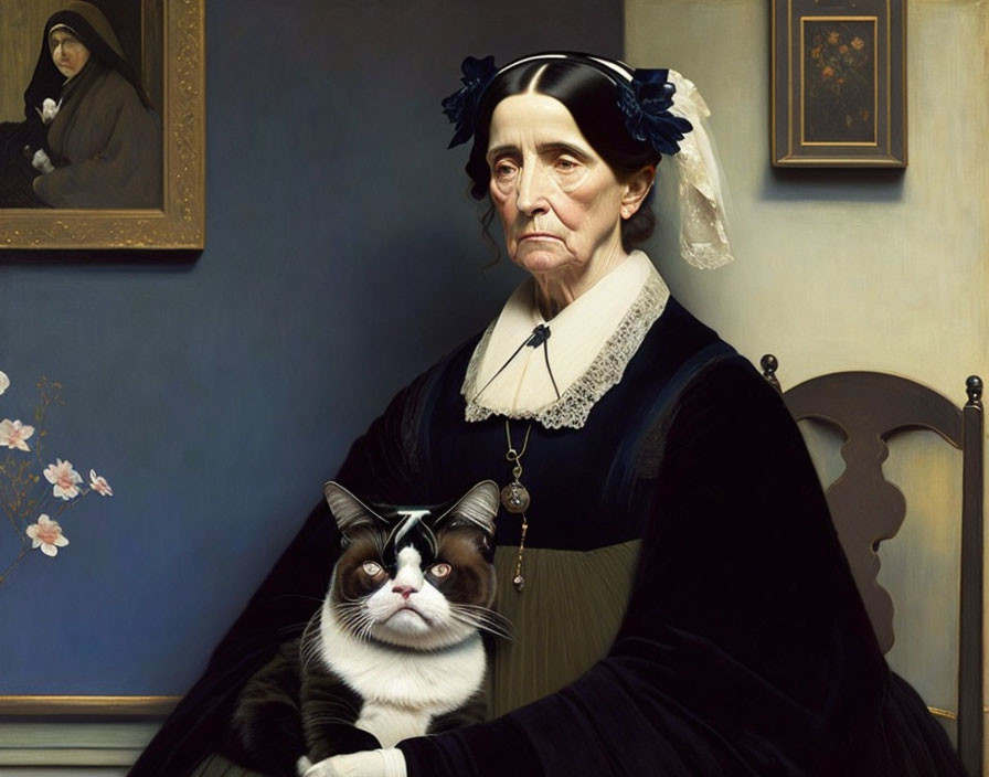 Portrait-style painting of stern older woman with cat in bow tie.