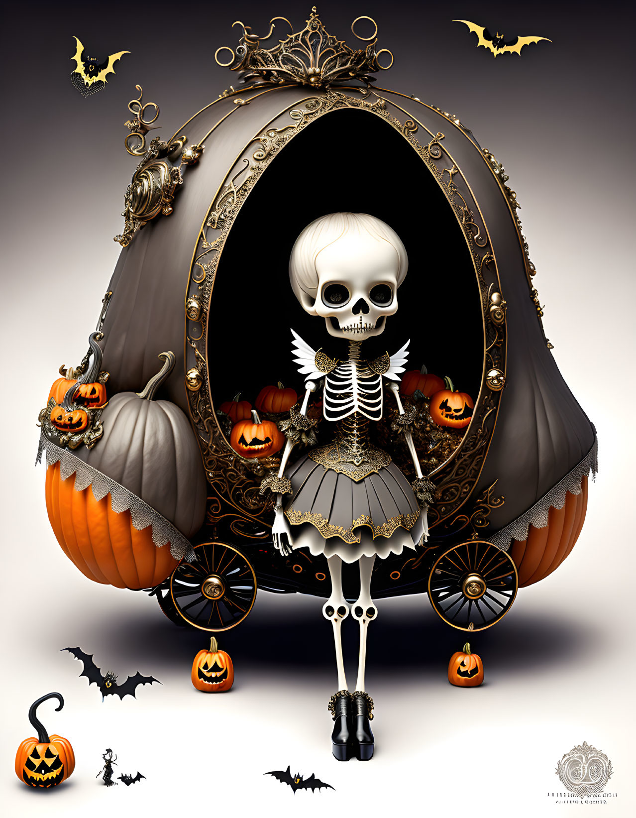 Gothic-themed skeletal figure in dress inside pumpkin carriage with bats