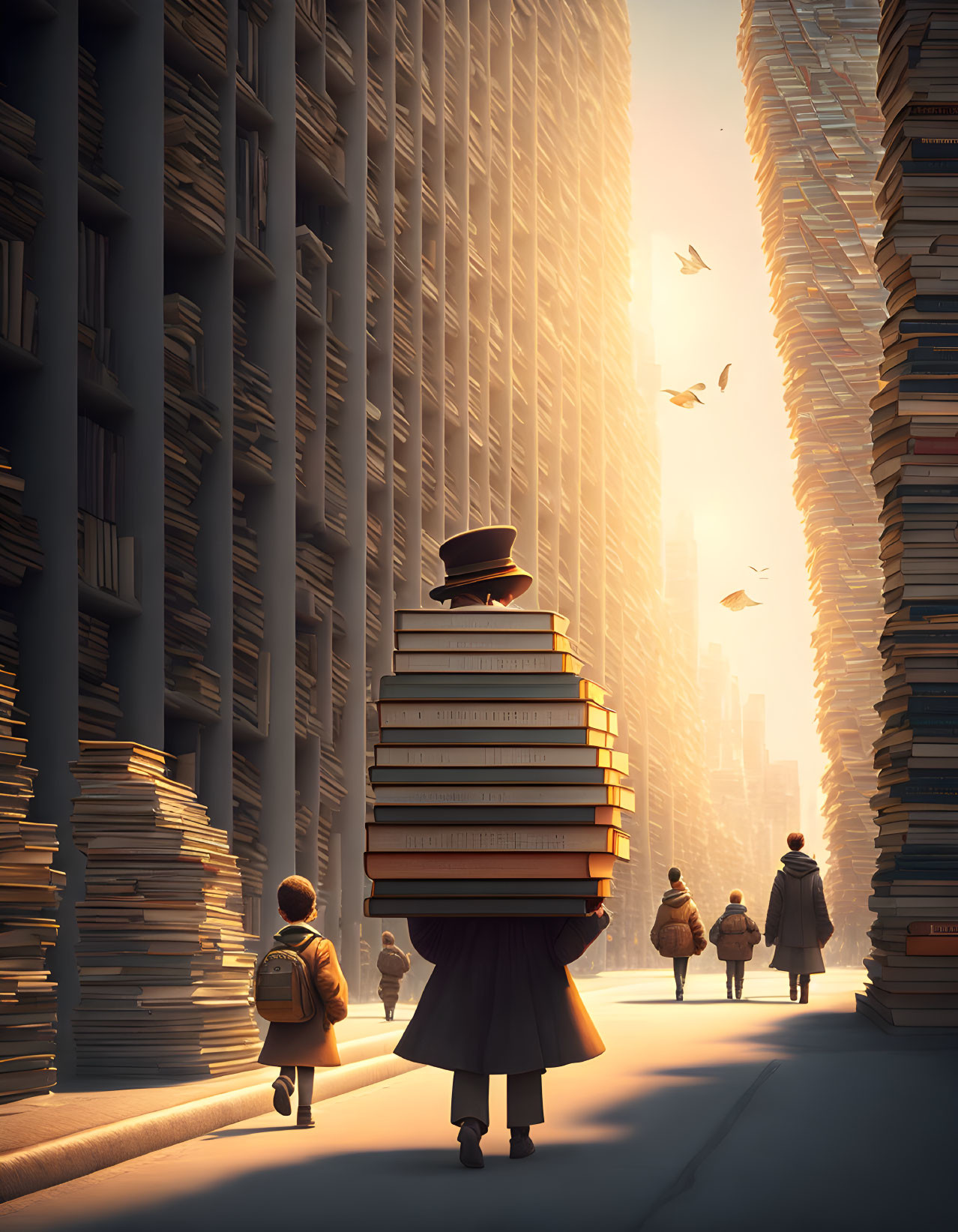 Person with Book Stack Body Walks Through City Street with Towering Book Stacks