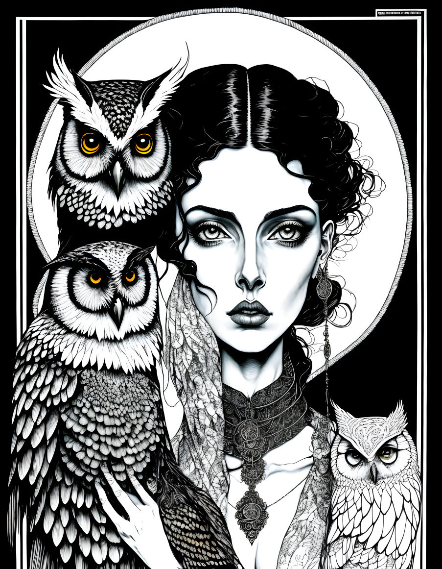 Monochrome illustration of woman's face with owls and intricate patterns