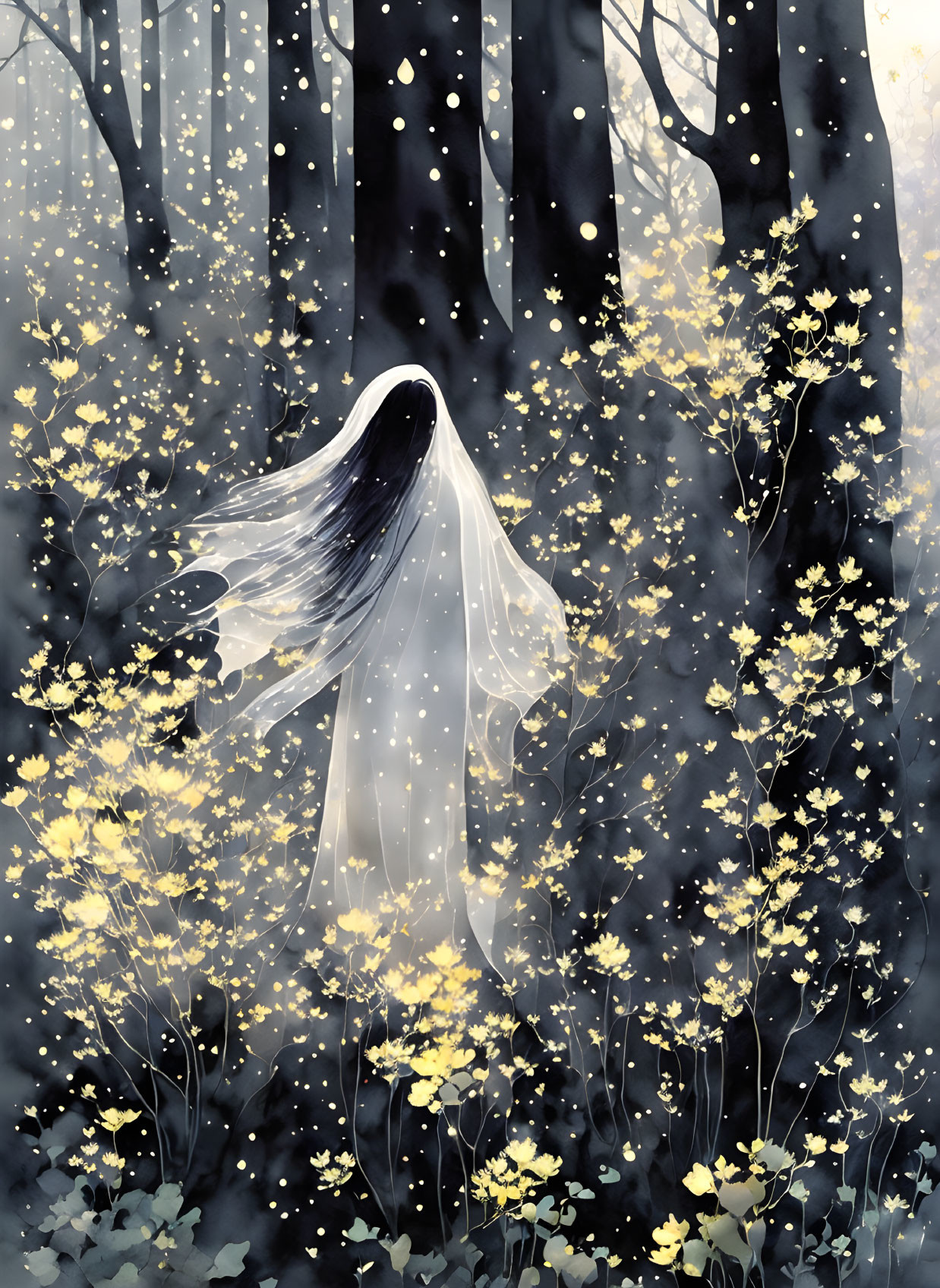 Mysterious figure in translucent veil in dark forest with yellow flowers.