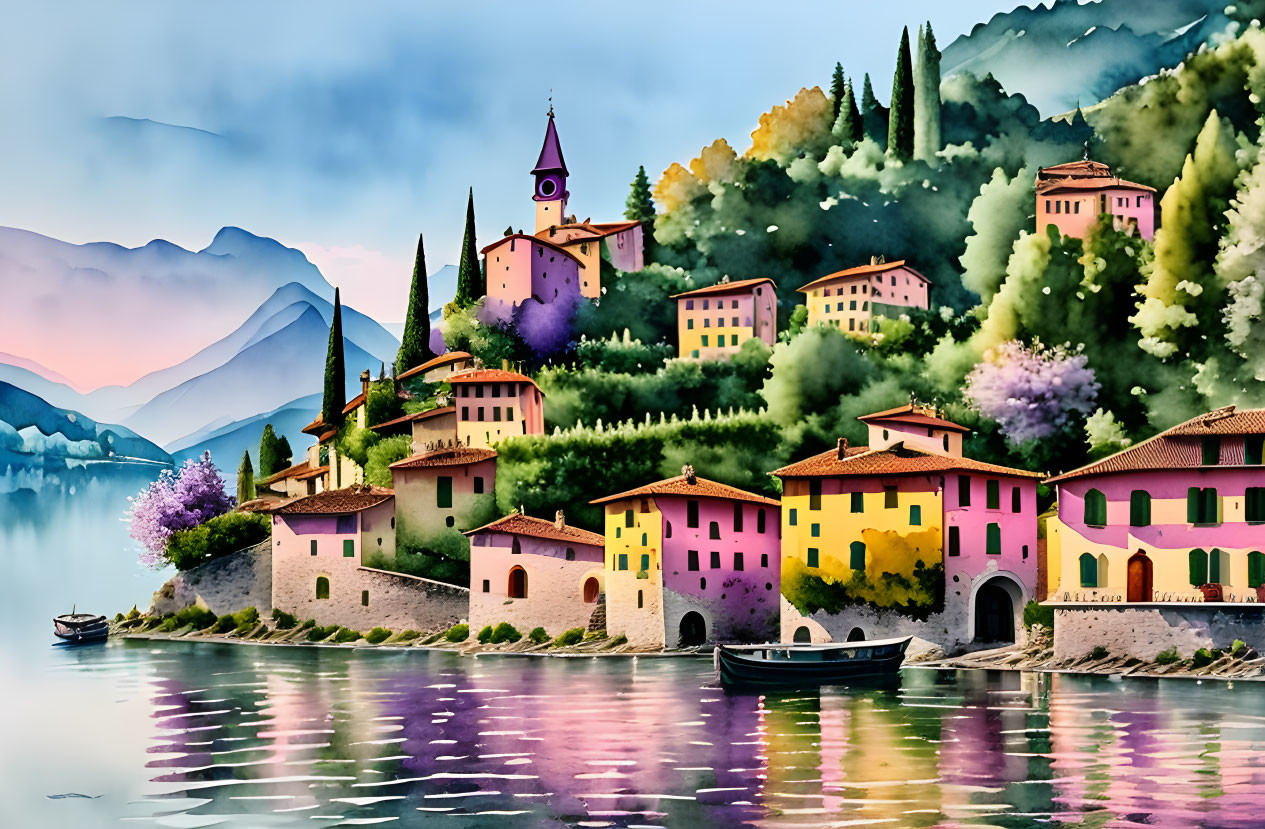 Vibrant lakeside village scene with lush hills and mountain backdrop
