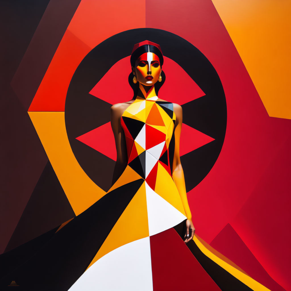 Colorful Geometric Portrait of Woman with Star Pattern Background