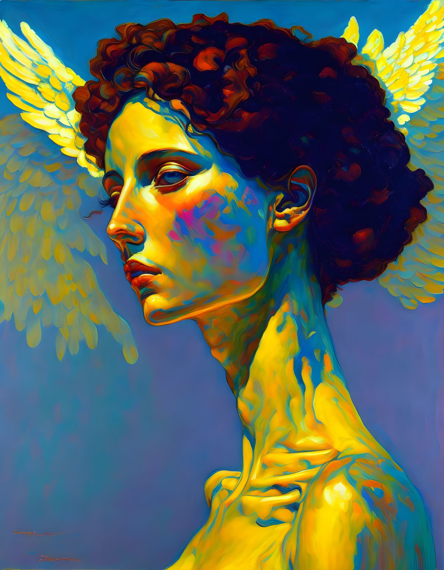 Stylized portrait of person with angelic pose, curly hair, side profile, golden wings on