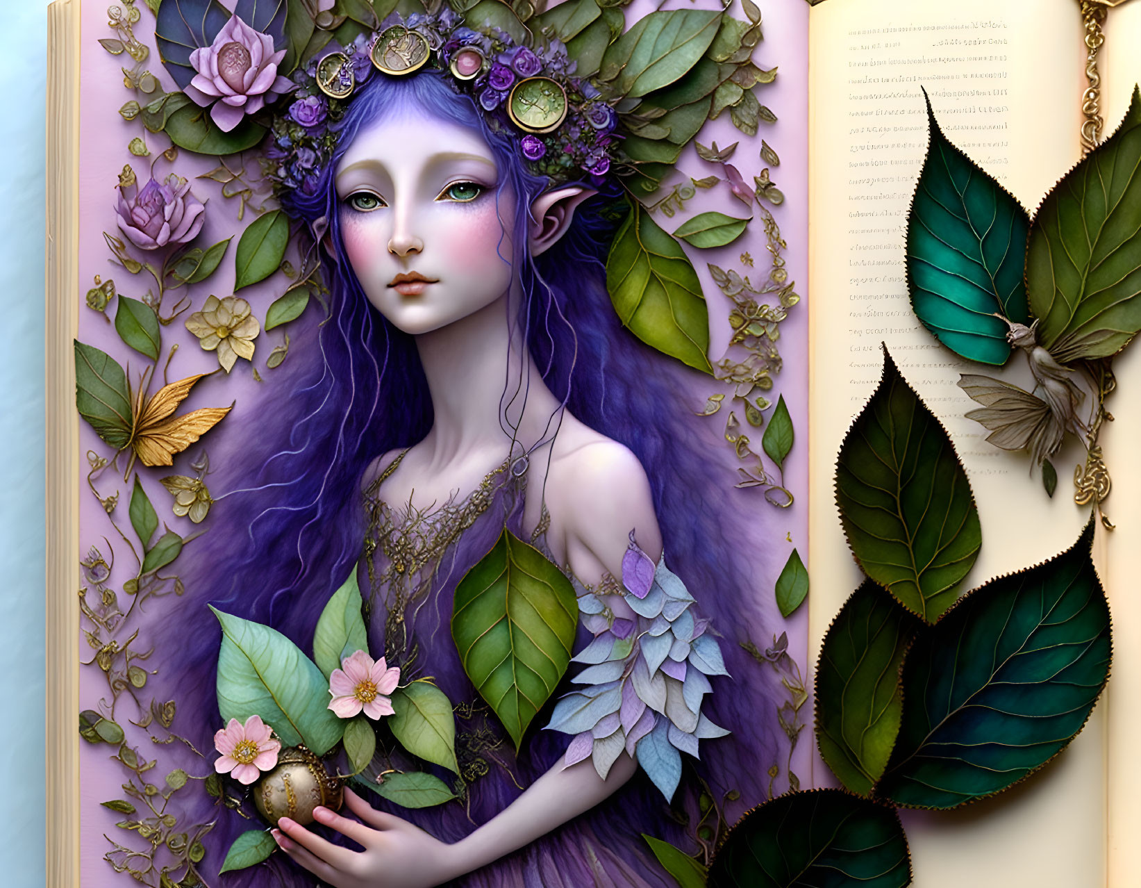 Fantasy female character with purple hair, floral crown, butterflies, leaves, and open book