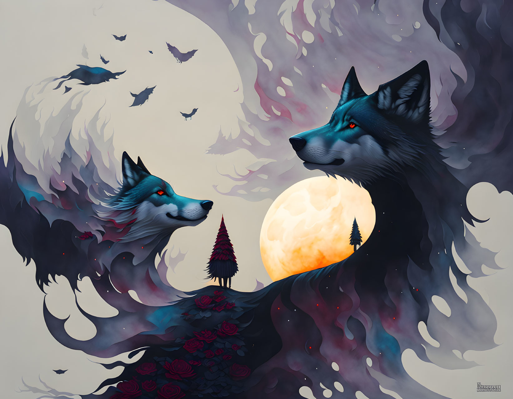 Mystical illustration: Two wolves under full moon with birds, smoke, and roses