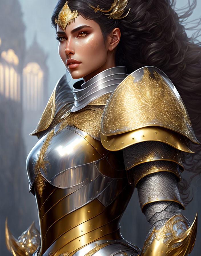 Digital artwork of stern woman in ornate armor with detailed pauldron & diadem