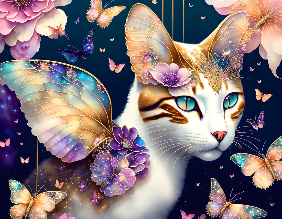 Fantasy cat with butterfly wings and floral decor in starry night scene