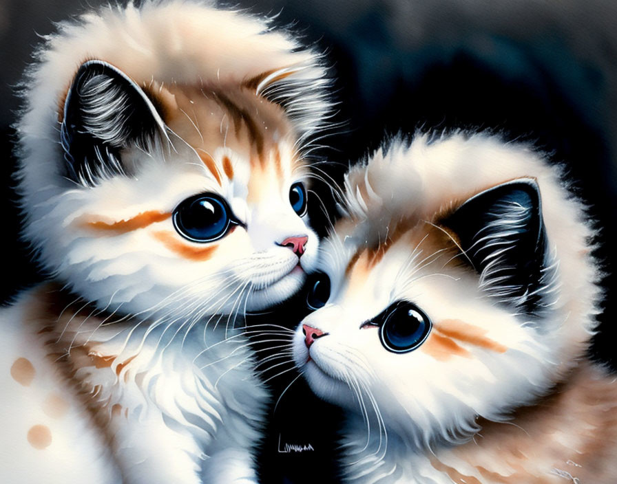 Adorable Kittens with Blue Eyes and Fluffy Fur on Dark Background