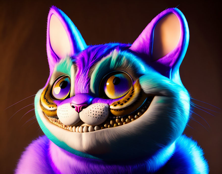 Colorful Smiling Cat with Yellow Eyes on Blue and Purple Fur