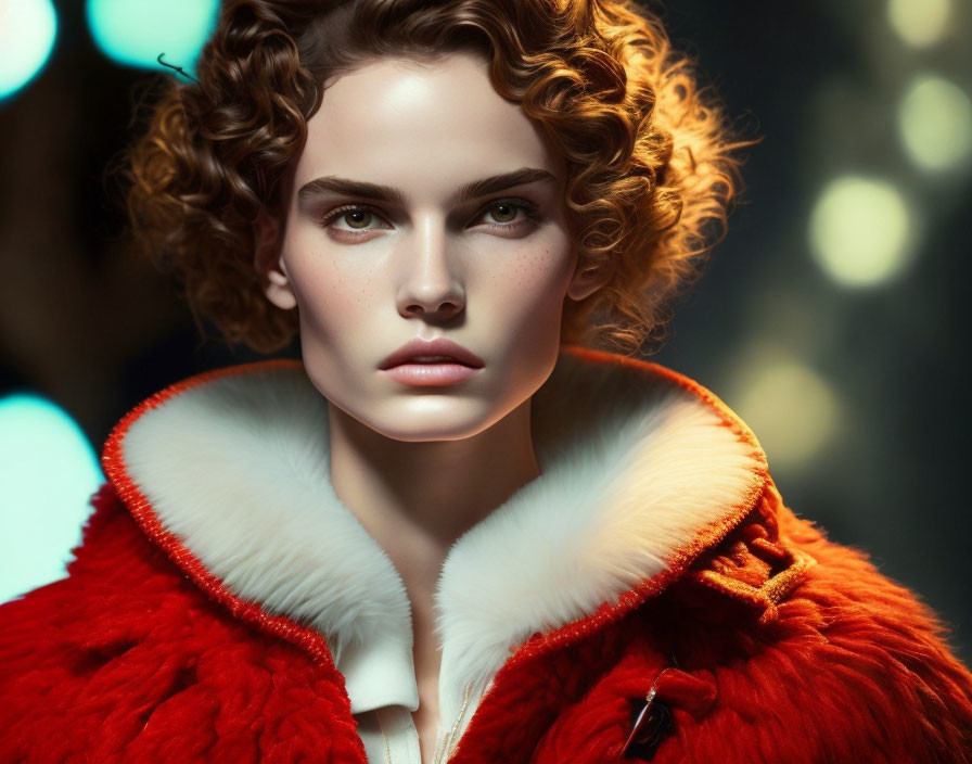 Curly-haired woman in red jacket with intense gaze and blurred lights.