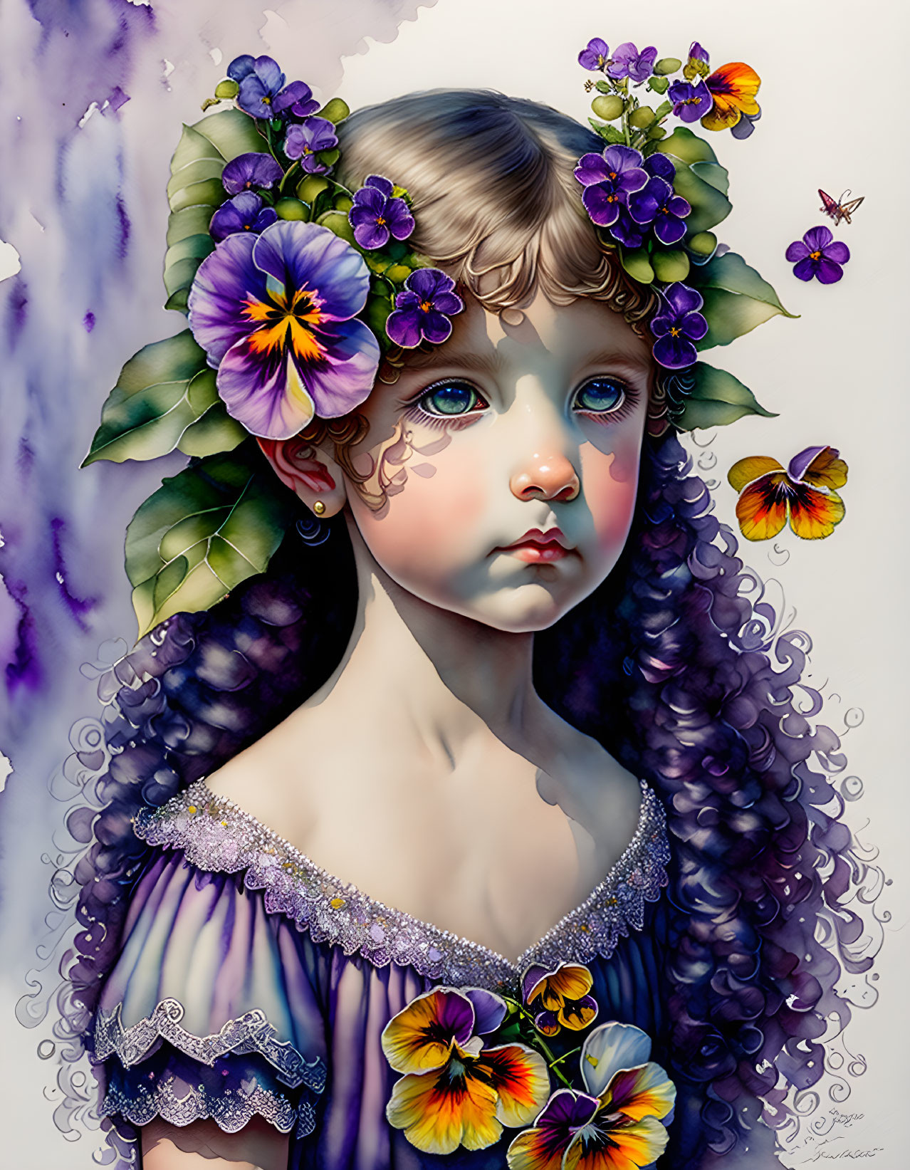 Digital illustration: Young girl with blue eyes, purple flowers, butterflies, and violet dress