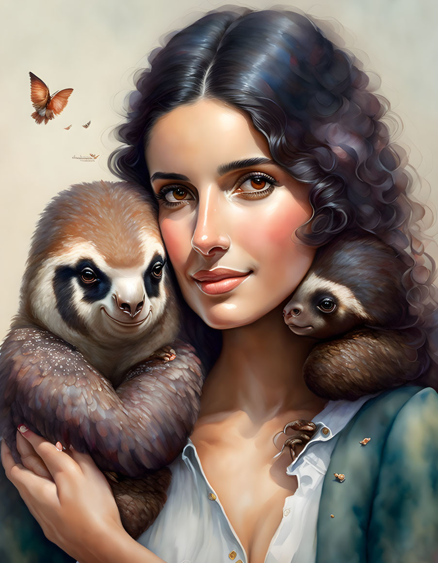 Curly-haired woman holds sloths with butterfly and bees on creamy backdrop